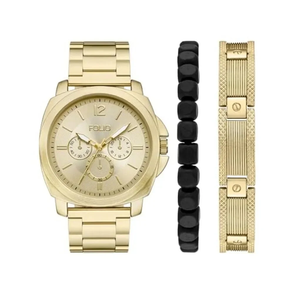 Folio Men Three-Hand Gold-Tone Watch with bracelets